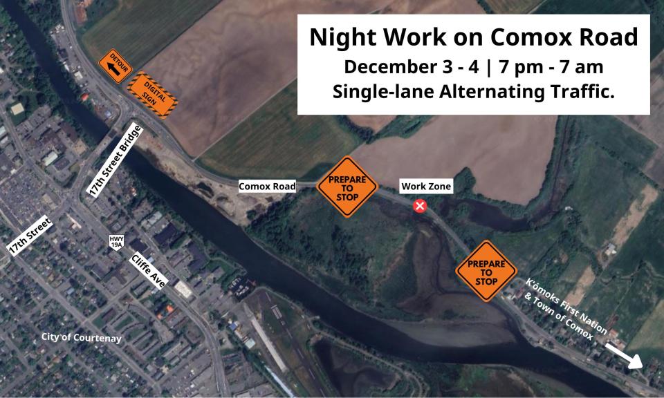 map of overnight construction zone on comox road December 3 to 4 